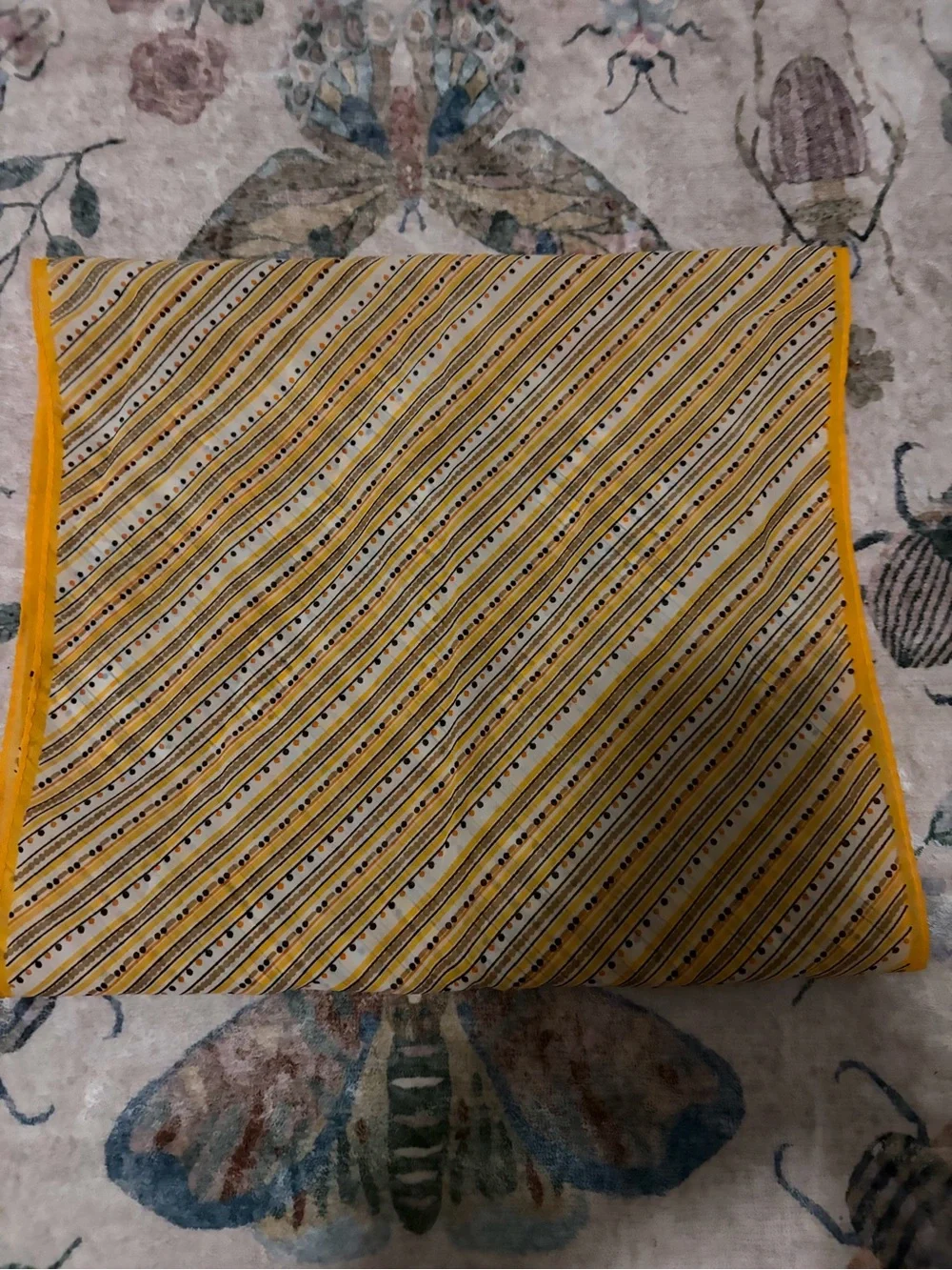 Vintage 1970s 100% Pure Silk Yellow & Black Striped Square Scarf